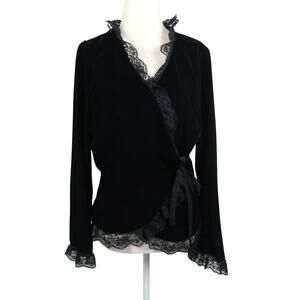 Vintage 90s Ice Black Velvet Lace Trim Wrap Blouse Top M